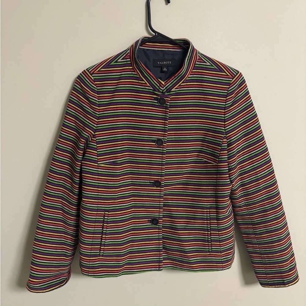 Talbots Striped Multicolored Rainbow Jacket Size 10 Lined Buttons Blazer